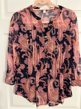 Juniper + Lime Paisley Button-Front Sheer Blouse in Navy Pink w/ built in Cami